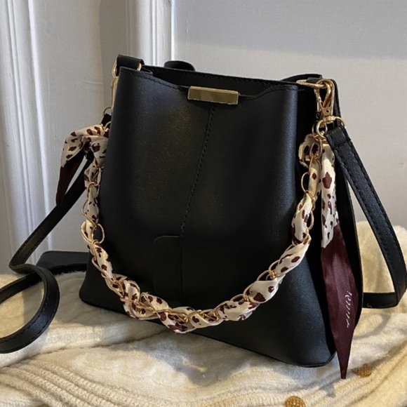 Boho Black Vegan Leather Scarf Detail Crossbody Bag - Picture 4 of 6